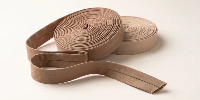 Two coils of tan bias binding, one in front and one behind, with a length unwound into a loop showing the pressed fold and a cut end