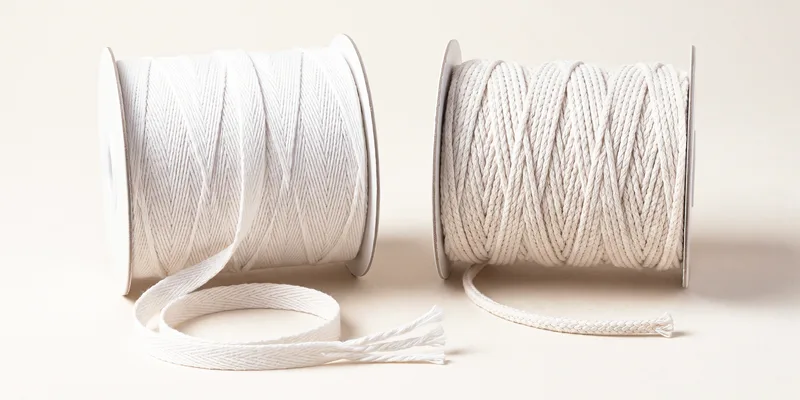 Two spools of undyed candle wick side by side — flat braided on the left, square braided on the right — each with a tail unwound and the cut end frayed