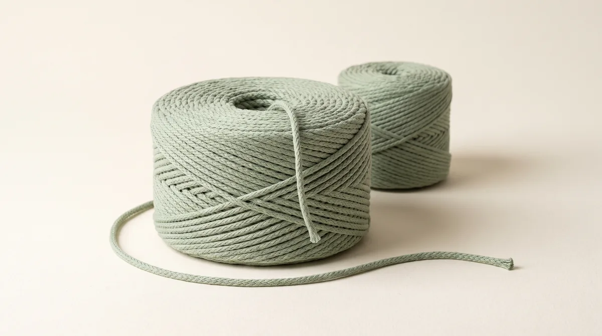 Braided crochet cord wound into cakes in natural cotton and dyed cotton-look shades