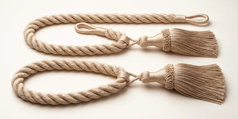 Two champagne twisted rope tie-backs side by side, each with a loop at one end and a full tassel at the other