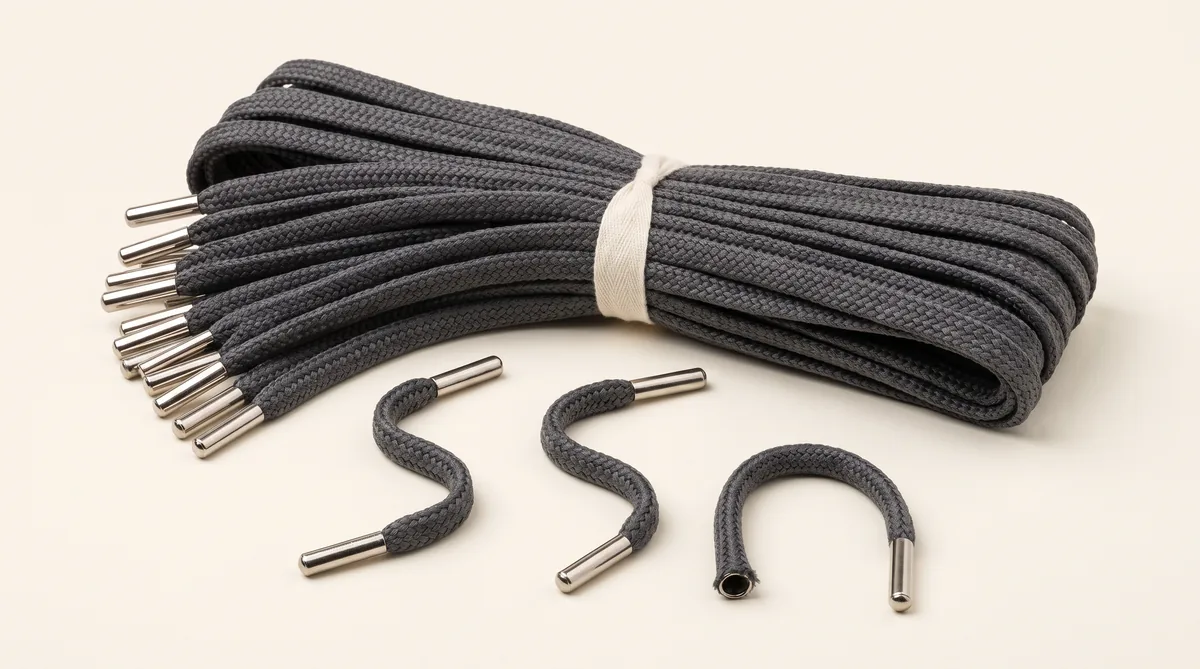 Spools of braided and twisted drawstring cord in assorted colours with tipped ends