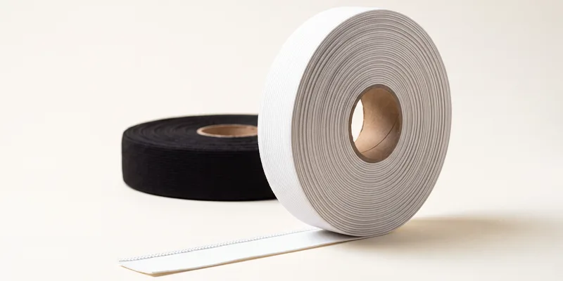 Two rolls of woven elastic tape on cardboard cores, white in front and black behind, with a length of the white unwound to show its ribbed weave