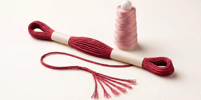 A skein of deep red embroidery thread held by two plain bands, its strands separated at the cut end, with a cone of pale pink thread behind