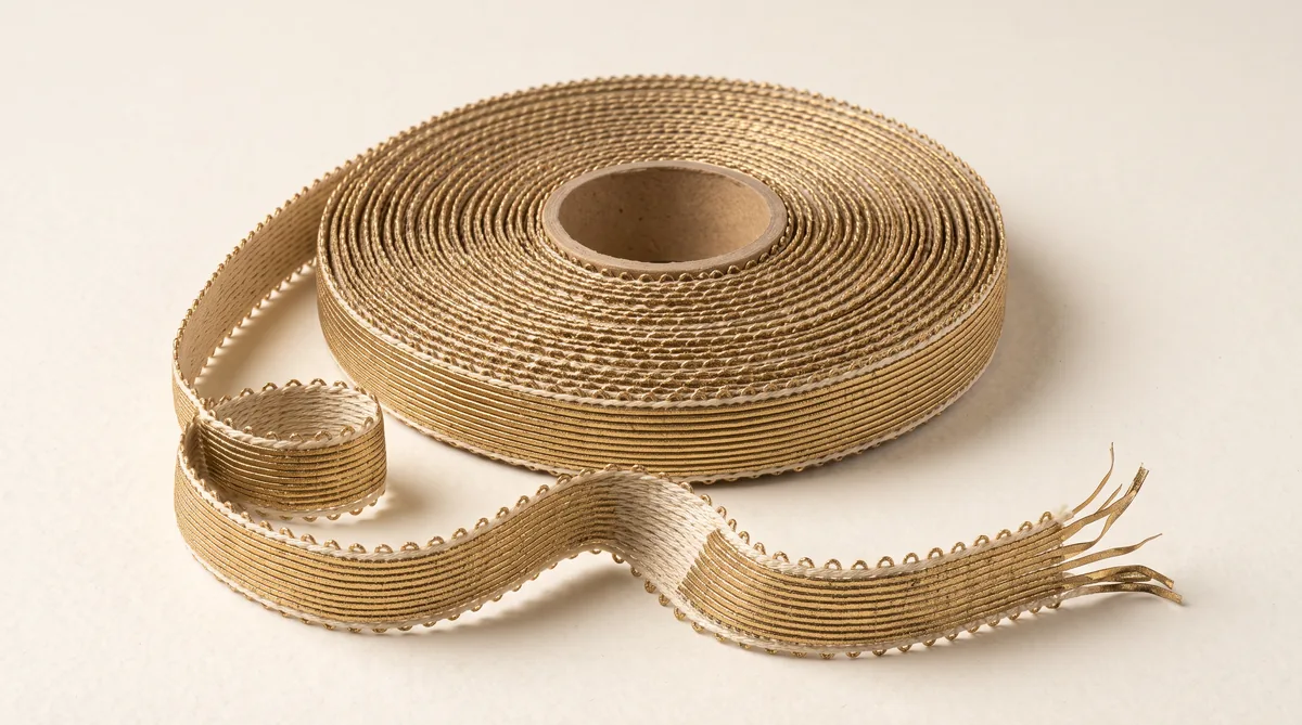 Rolls of narrow gold and silver metallic braided lace trim on coloured base tape