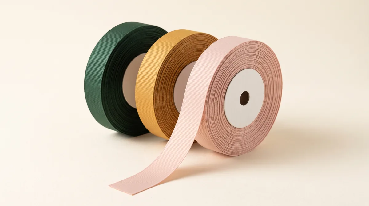 Three rolls of grosgrain ribbon standing on edge — dark green, mustard and pale pink — with a length of the pink unwound in front showing its ribbed weave