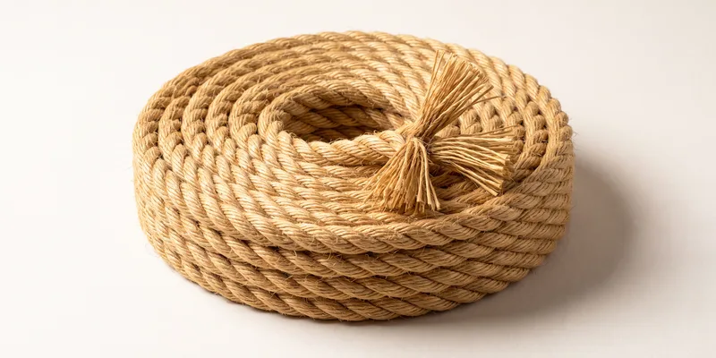 A coil of three-strand twisted jute rope laid flat in a spiral, the cut end resting on top and frayed open to show the natural fibres