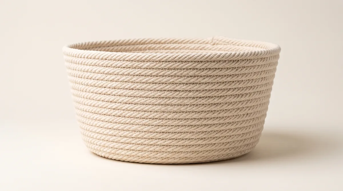 Coiled rope storage baskets in natural cotton and dyed cotton-look shades with braided rope handles