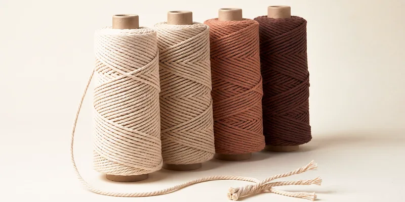 Four cones of macrame cord in a row — two natural undyed, one terracotta, one dark aubergine — loose cut ends in front show the three-ply twist