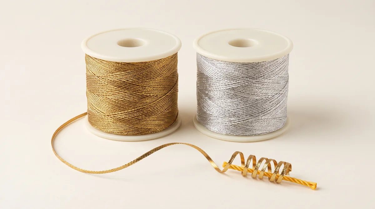 Spools of round and flat metallic zari thread in gold, silver and assorted colours