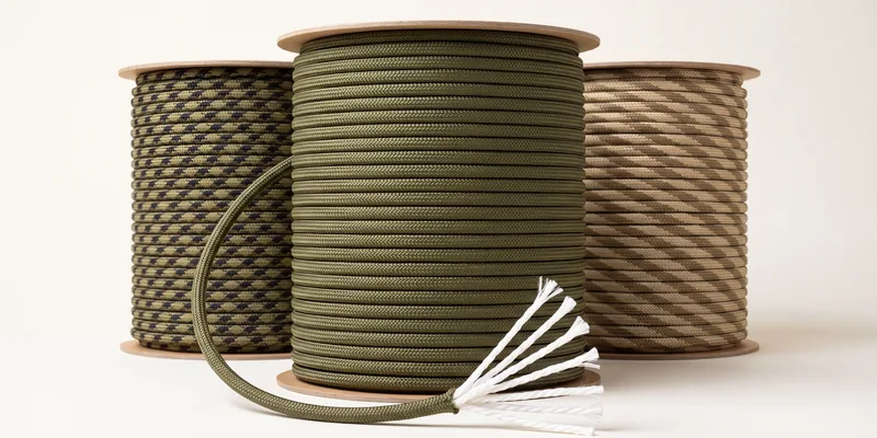 Three spools of paracord — olive in front, camouflage left, tan right — a loop of the olive cord opened at the cut end shows its white inner core strands