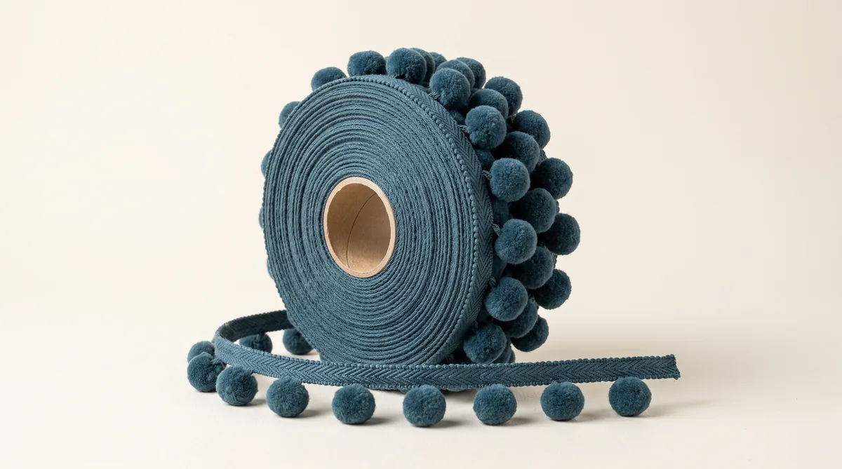 Rolls of pom pom lace trim with small yarn pompoms attached to a narrow braided header tape in assorted colours