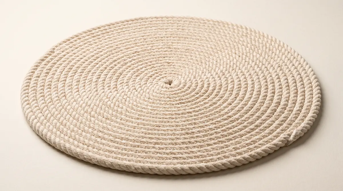 Round coiled rope placemats in natural cotton and muted dyed stone shades stacked on a table