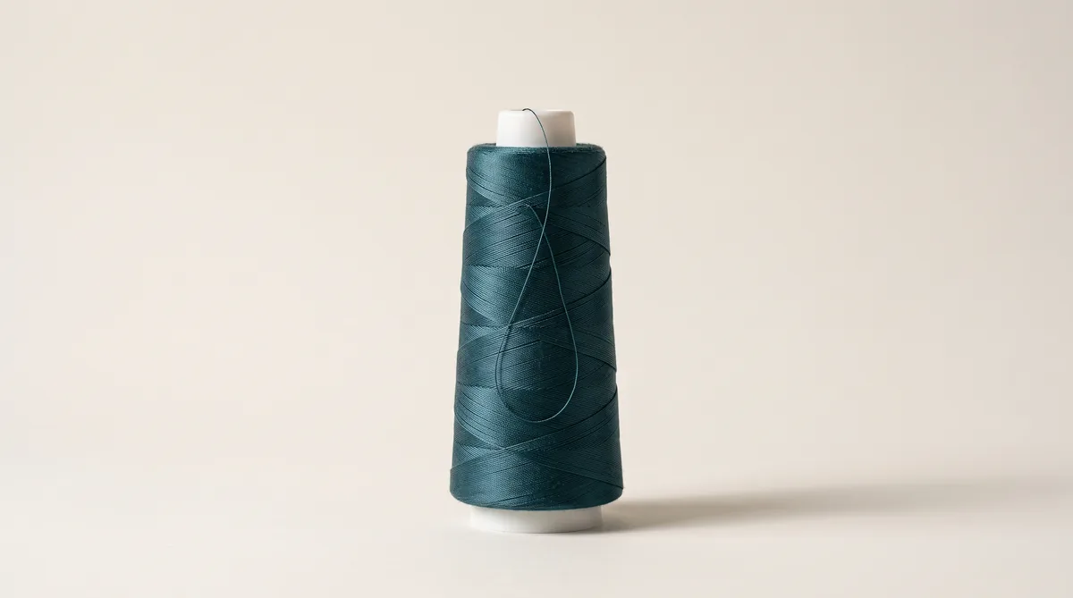 Cones of spun polyester sewing thread in assorted shades on a factory rack