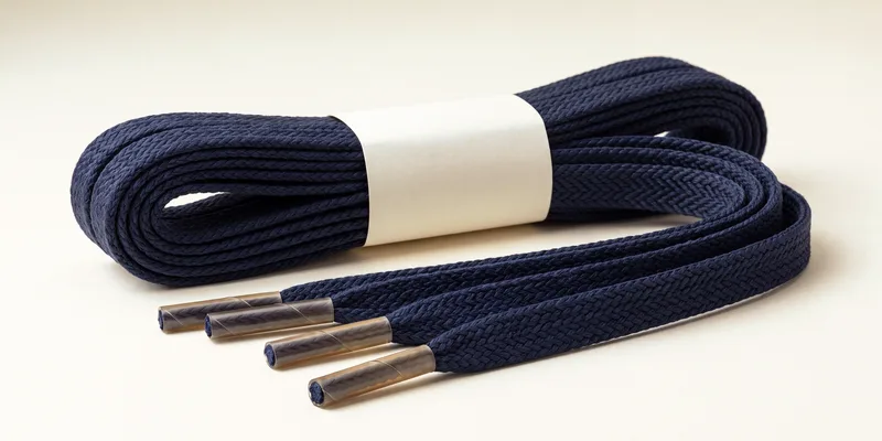 Navy flat woven shoelaces folded into a hank under a plain band, with four silver-tipped ends laid out in front
