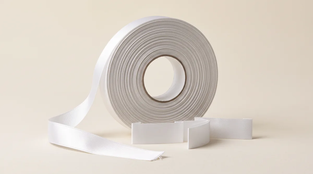 Narrow woven label tape in several colours, folded and cut into small sewing labels