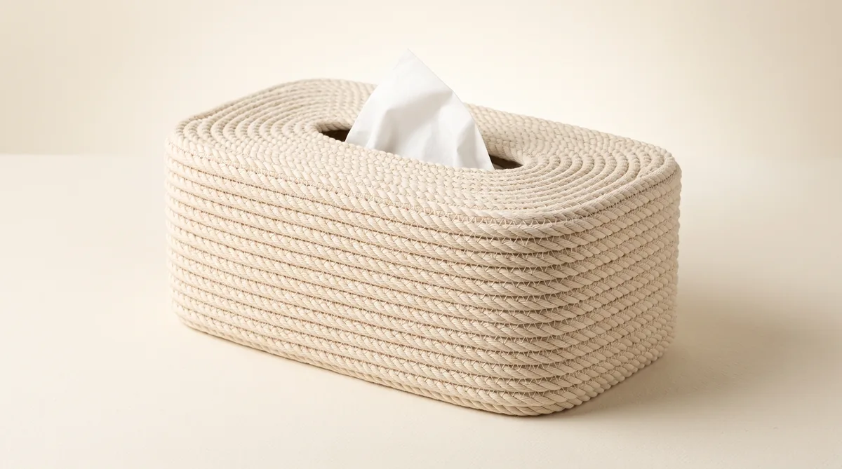 Coiled rope tissue box covers in natural cotton and single dyed cotton-look shades on a table
