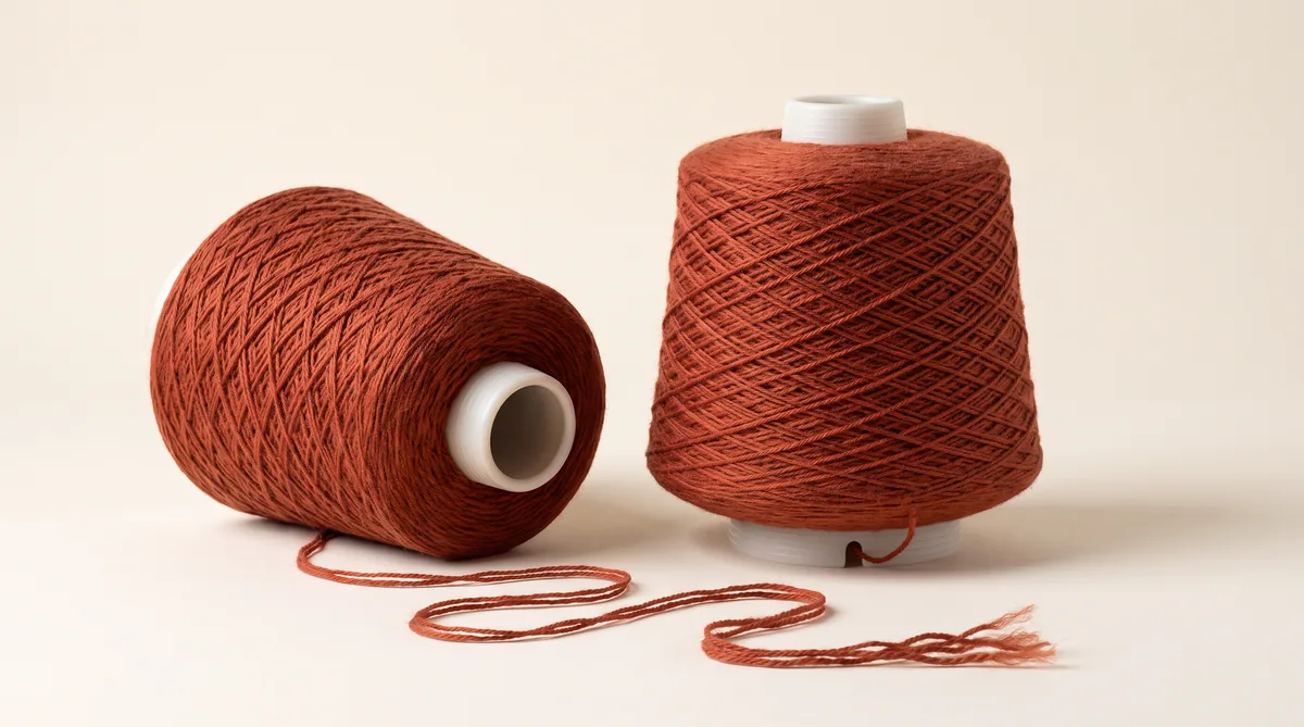 Cones of plied, dyed rug-weight yarn in assorted colours ready for tufting