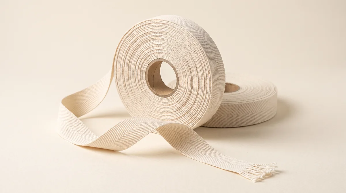 Rolls of woven twill tape in several colours, showing the diagonal weave and flat cut edge
