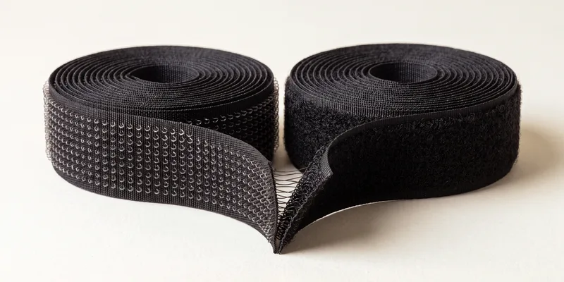 Two rolls of black hook-and-loop tape facing each other, the hooked side on the left and the looped side on the right, their ends meeting in the middle