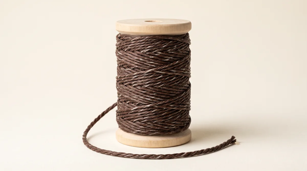 Spools of thin waxed cord in natural cotton and several dyed cotton-look shades arranged on a work surface